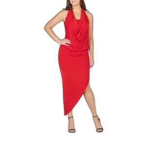24seven, Red Halter Draped Asymmetrical Midi Dress, Size Medium (NWT)